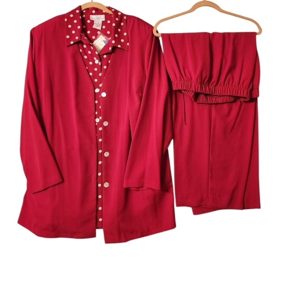 Vtg 90s Susan Graver 3-Pc Pants Suit Set 2X Red Polka Dot Power Suit. Blouse NWT